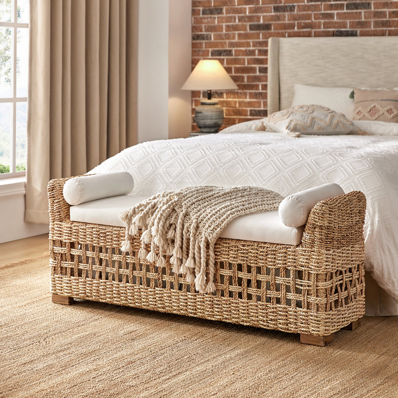 Beachcrest Home Boatwright Upholstered Rattan Storage Bench with Two Pillows and Solid Wood Feet Reviews Wayfair